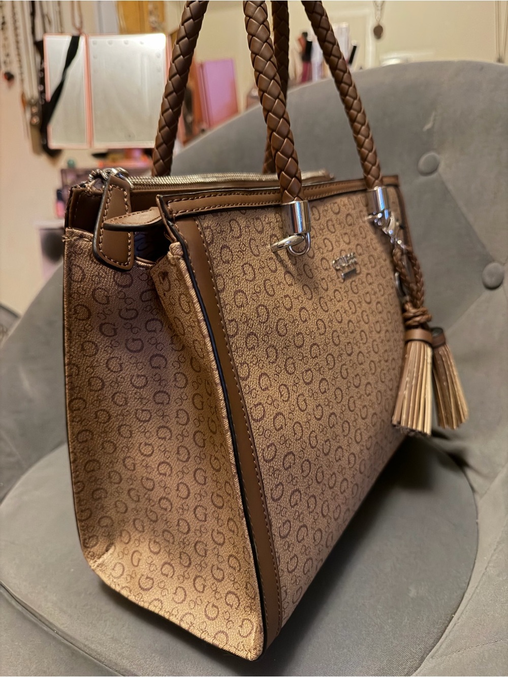 GUESS Brown Signature Satchel with Braided Handles and Tassel - Picture 5 of 5